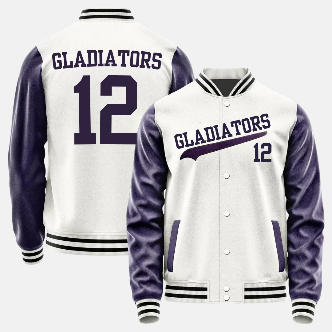 Gladiators College Jacke in Weiss mit lila Lederärmeln