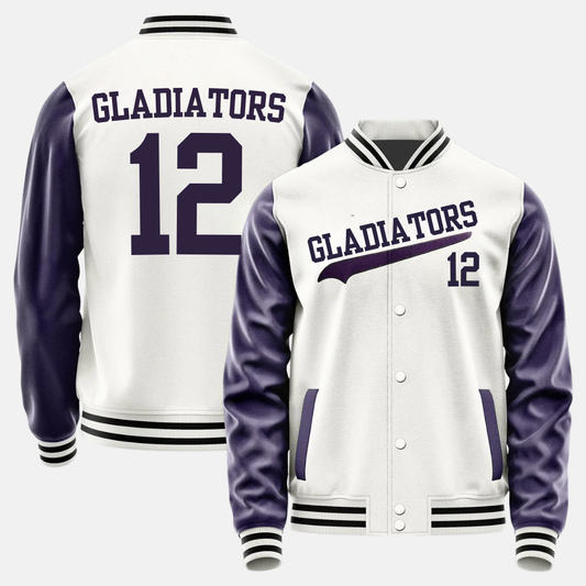 Gladiators College Jacke in Weiss mit lila Lederärmeln